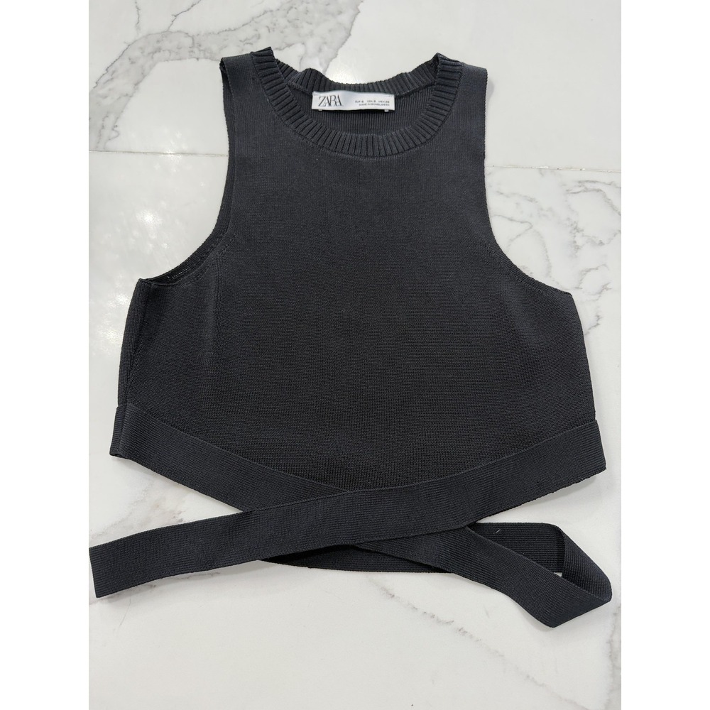 Zara Sweater Vest Womens Small Gray Wrap Tie Waist Cropped Knit Sleeveless Top